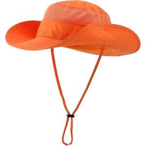 Unisex Orange 100%Polyester Wide Brim Boonie Mesh With Chin Strap Bucket Sun Hat